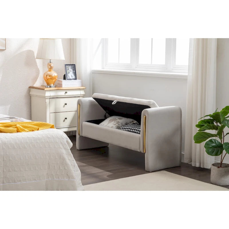 Velvet Storage Bench With Gold Metal Trim for Bedroom and Living Room