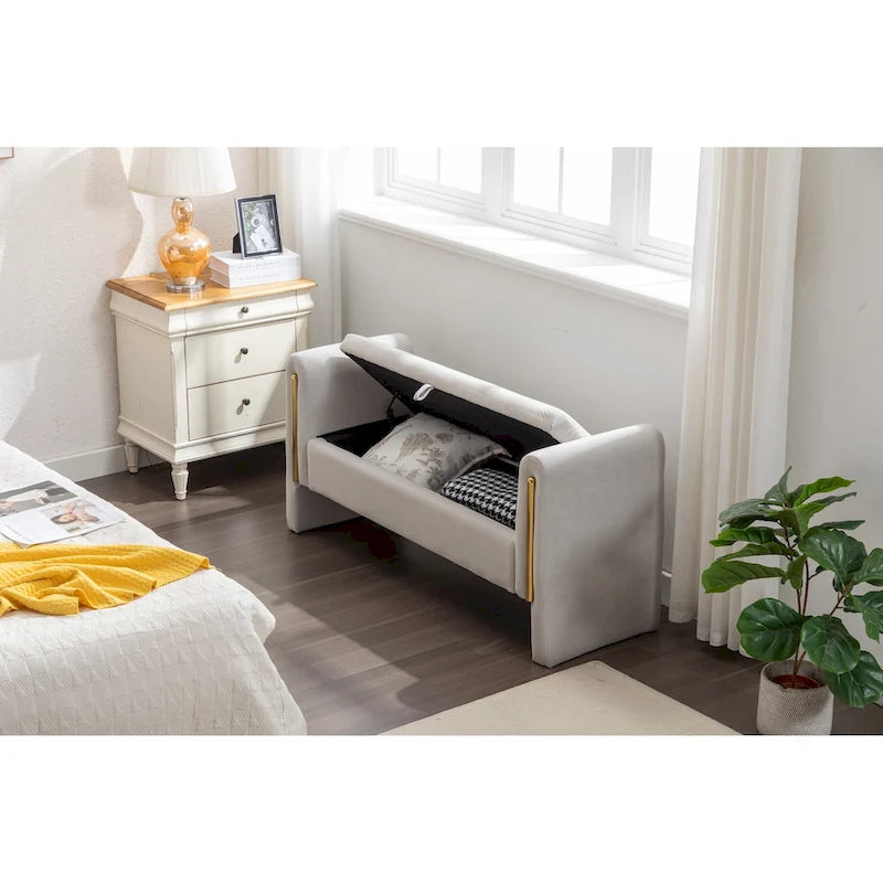Velvet Storage Bench With Gold Metal Trim for Bedroom and Living Room