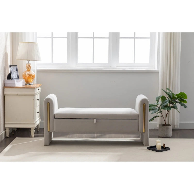 Velvet Storage Bench With Gold Metal Trim for Bedroom and Living Room