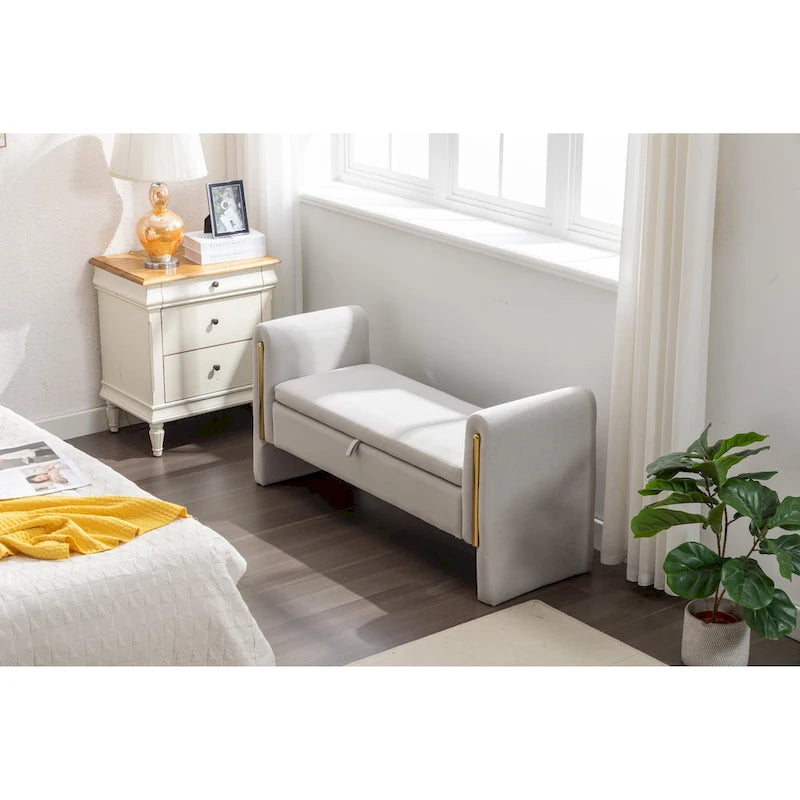 Velvet Storage Bench With Gold Metal Trim for Bedroom and Living Room