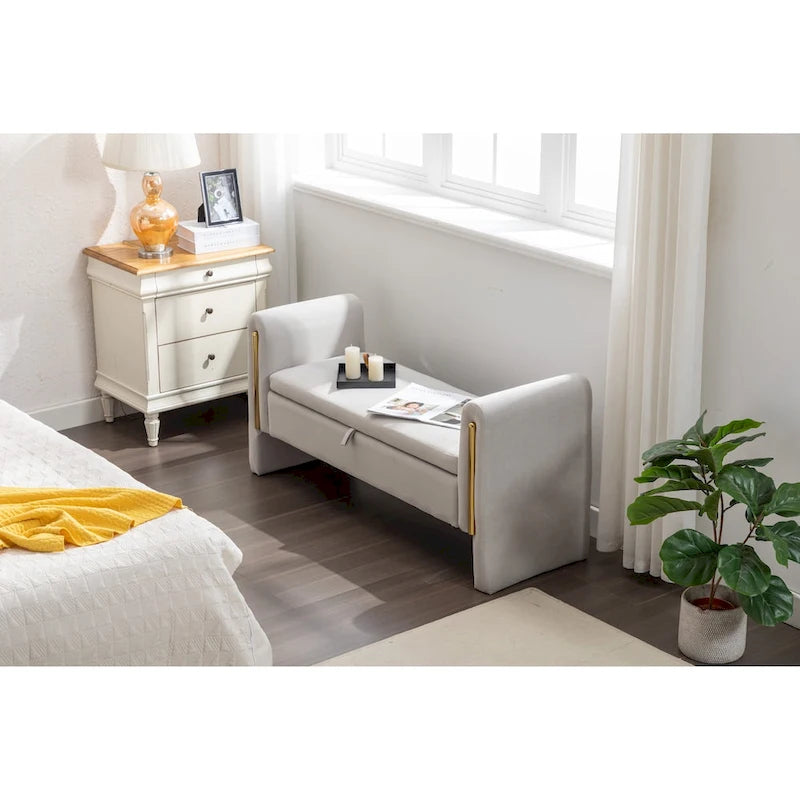 Velvet Storage Bench With Gold Metal Trim for Bedroom and Living Room