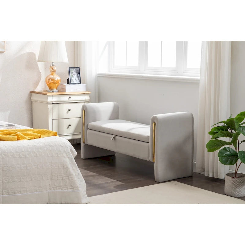 Velvet Storage Bench With Gold Metal Trim for Bedroom and Living Room