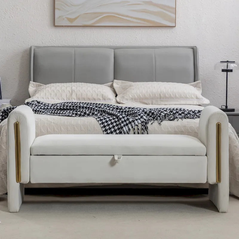 Velvet Storage Bench With Gold Metal Trim for Bedroom and Living Room
