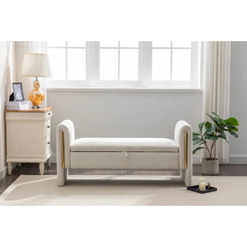 Velvet Storage Bench With Gold Metal Trim for Bedroom and Living Room