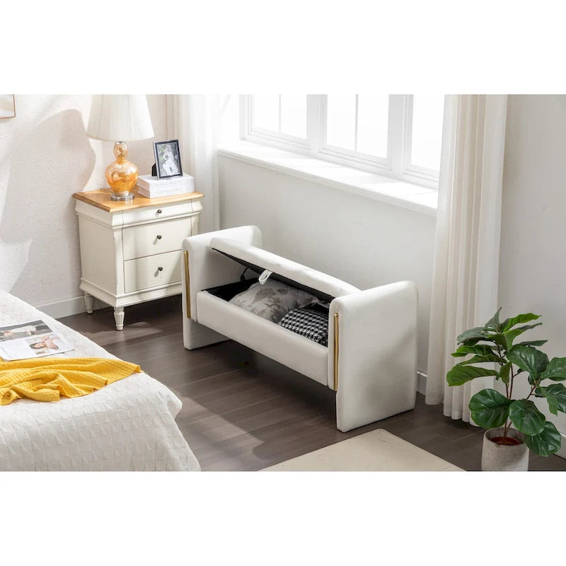 Velvet Storage Bench With Gold Metal Trim for Bedroom and Living Room