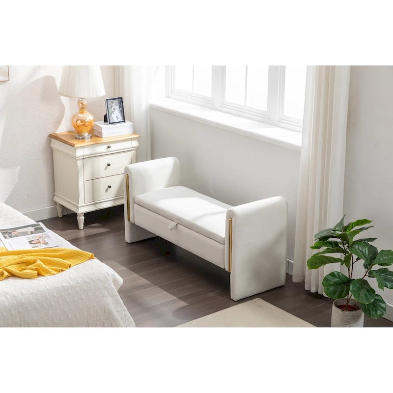 Velvet Storage Bench With Gold Metal Trim for Bedroom and Living Room