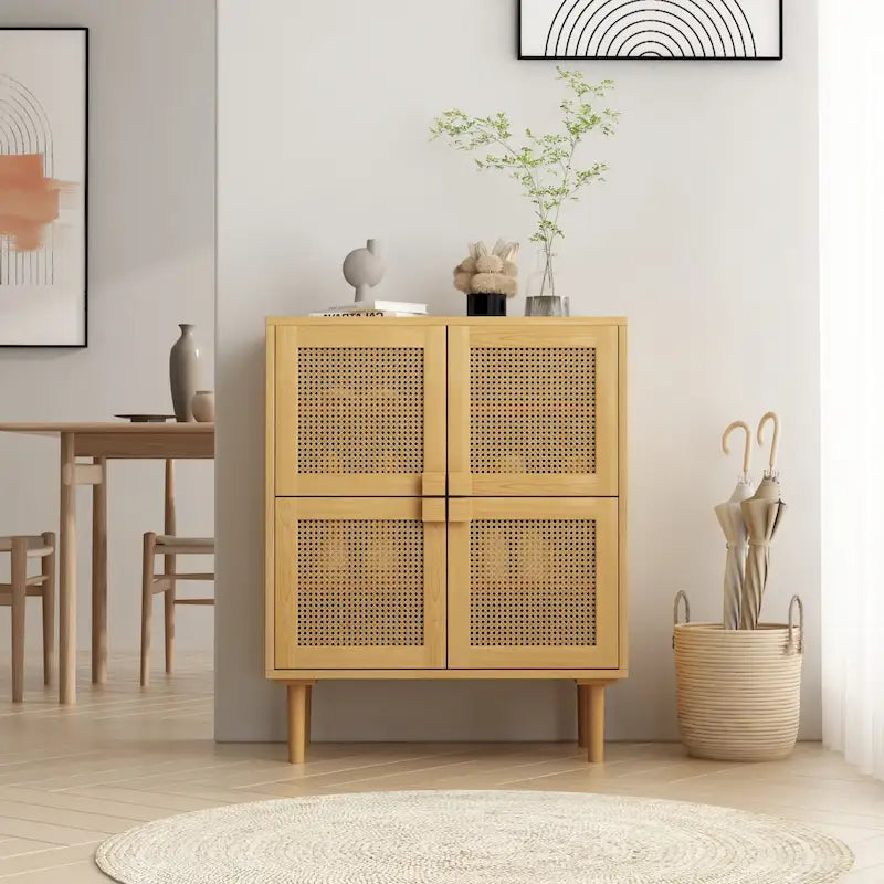 4-Door Rattan Mesh Storage Cabinet with 8 Shelves Modern Style