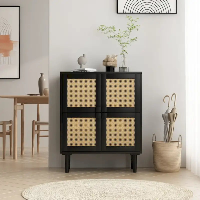 4-Door Rattan Mesh Storage Cabinet with 8 Shelves Modern Style