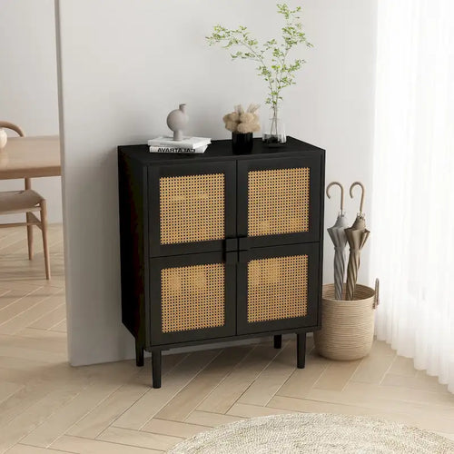 4-Door Rattan Mesh Storage Cabinet with 8 Shelves Modern Style