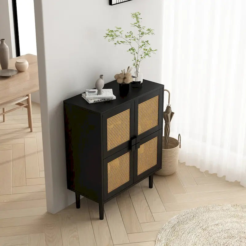 4-Door Rattan Mesh Storage Cabinet with 8 Shelves Modern Style