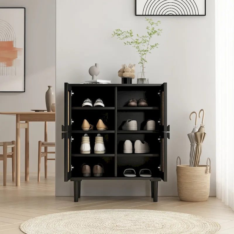 4-Door Rattan Mesh Storage Cabinet with 8 Shelves Modern Style