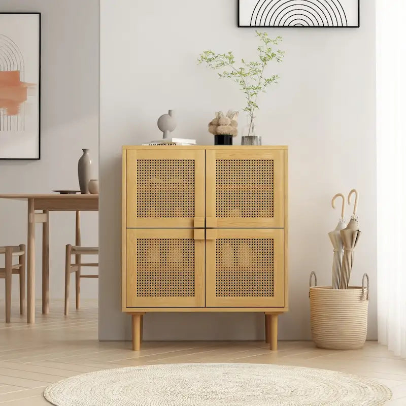 4-Door Rattan Mesh Storage Cabinet with 8 Shelves Modern Style