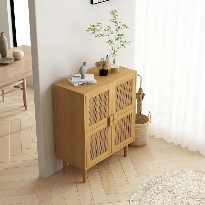 4-Door Rattan Mesh Storage Cabinet with 8 Shelves Modern Style