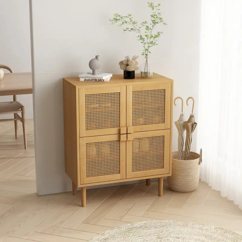 4-Door Rattan Mesh Storage Cabinet with 8 Shelves Modern Style