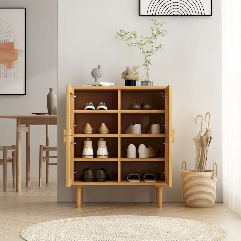 4-Door Rattan Mesh Storage Cabinet with 8 Shelves Modern Style