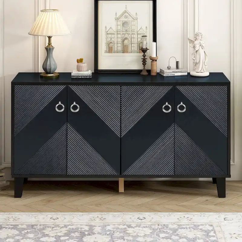 4-Door Geometric Pattern Cabinet with Round Handles for Hallway Entryway Living Room