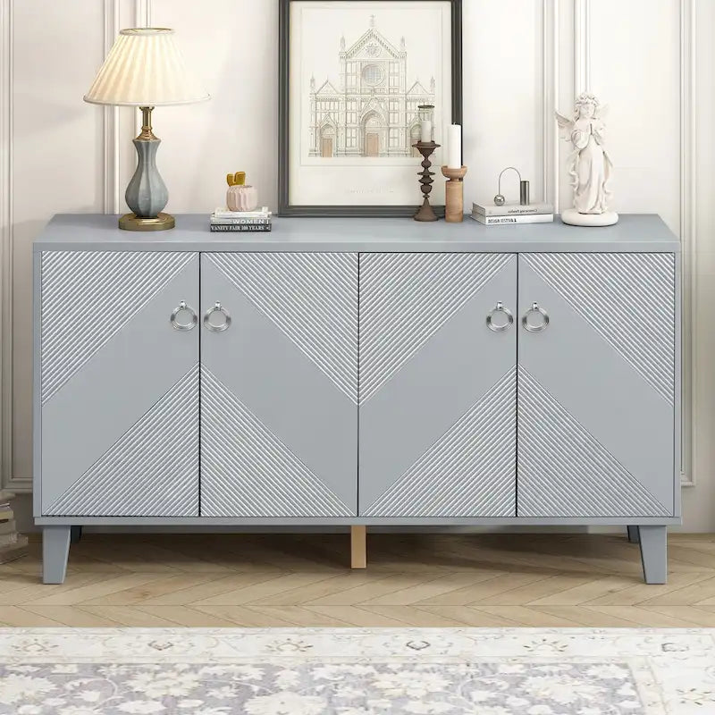 4-Door Geometric Pattern Cabinet with Round Handles for Hallway Entryway Living Room