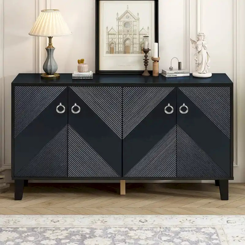 4-Door Geometric Pattern Cabinet with Round Handles for Hallway Entryway Living Room
