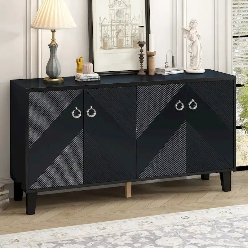 4-Door Geometric Pattern Cabinet with Round Handles for Hallway Entryway Living Room