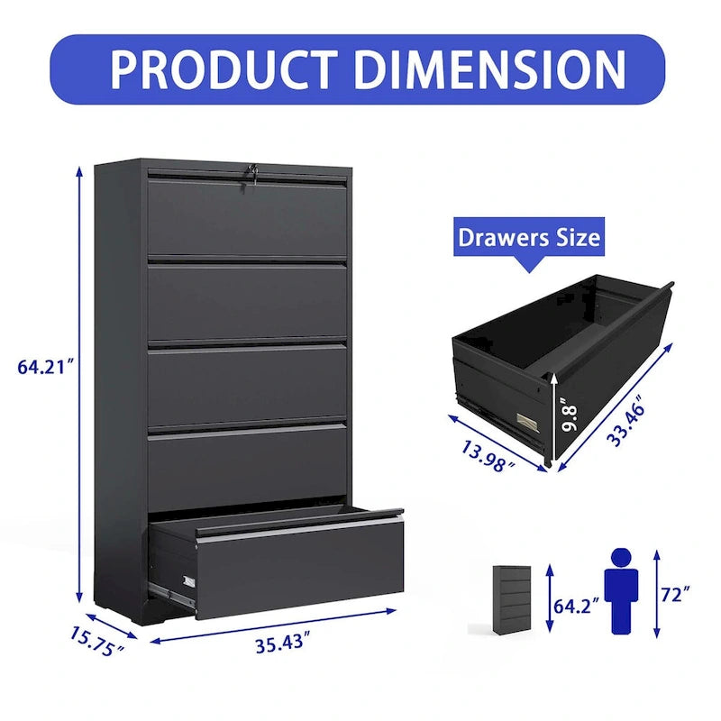5-Drawer Steel Lateral File Cabinet with Lock for Home Office