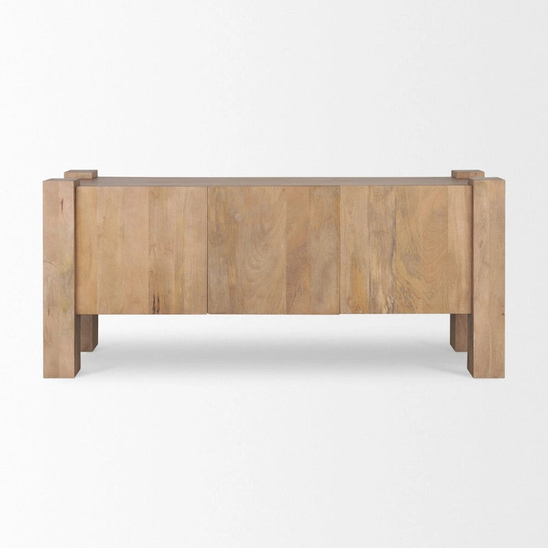 Light Brown Wood 3-Door Sideboard with Mango Wood Frame and Cable Management