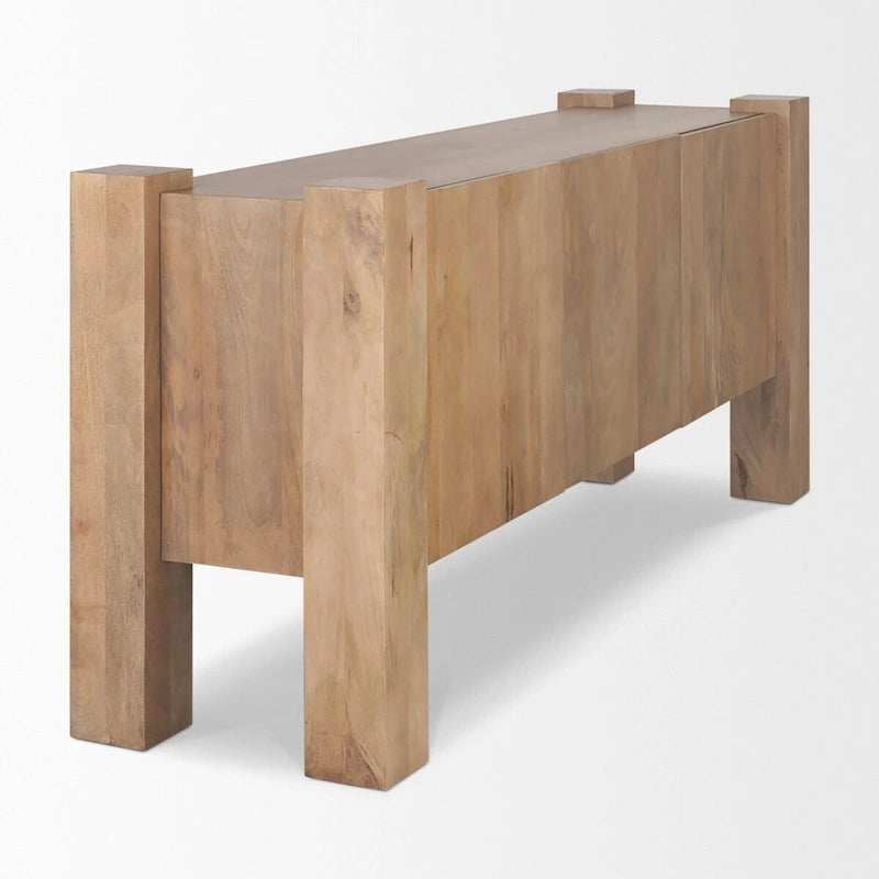 Light Brown Wood 3-Door Sideboard with Mango Wood Frame and Cable Management