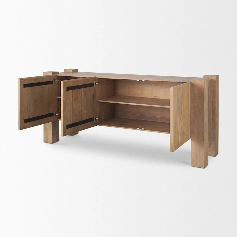 Credenza in legno chiaro a 3 ante con struttura in legno di mango e gestione dei cavi