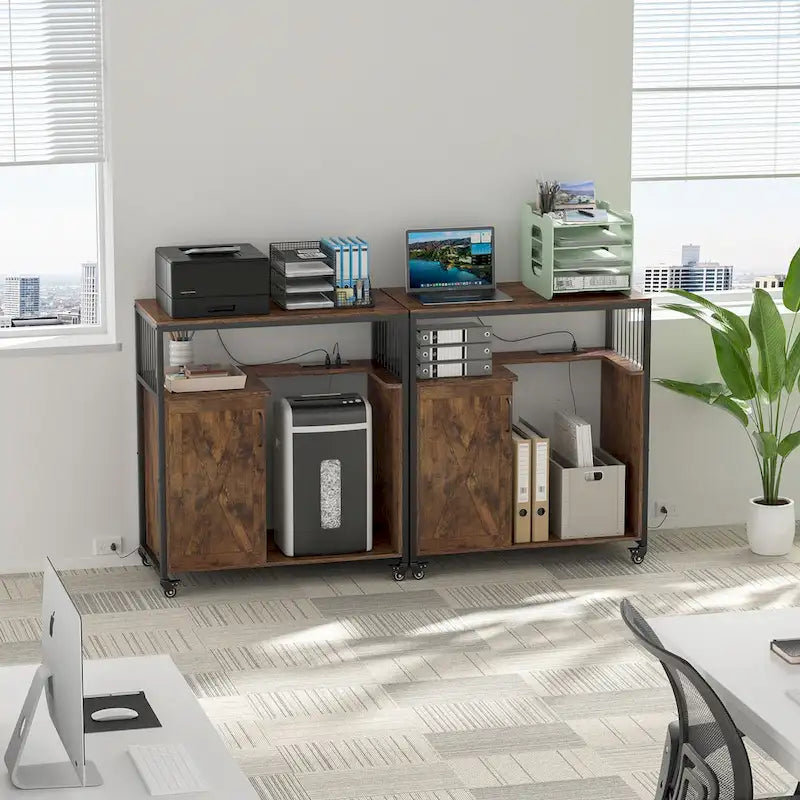 Printer Stand with Storage Shelf and Filing Cabinet with Power Outlet and USB Ports