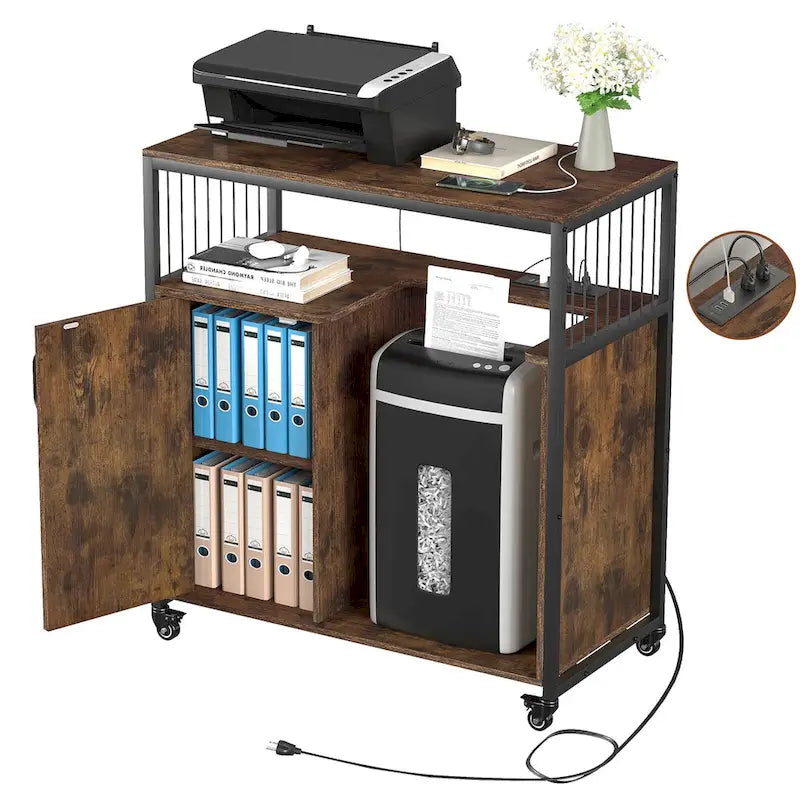 Printer Stand with Storage Shelf and Filing Cabinet with Power Outlet and USB Ports