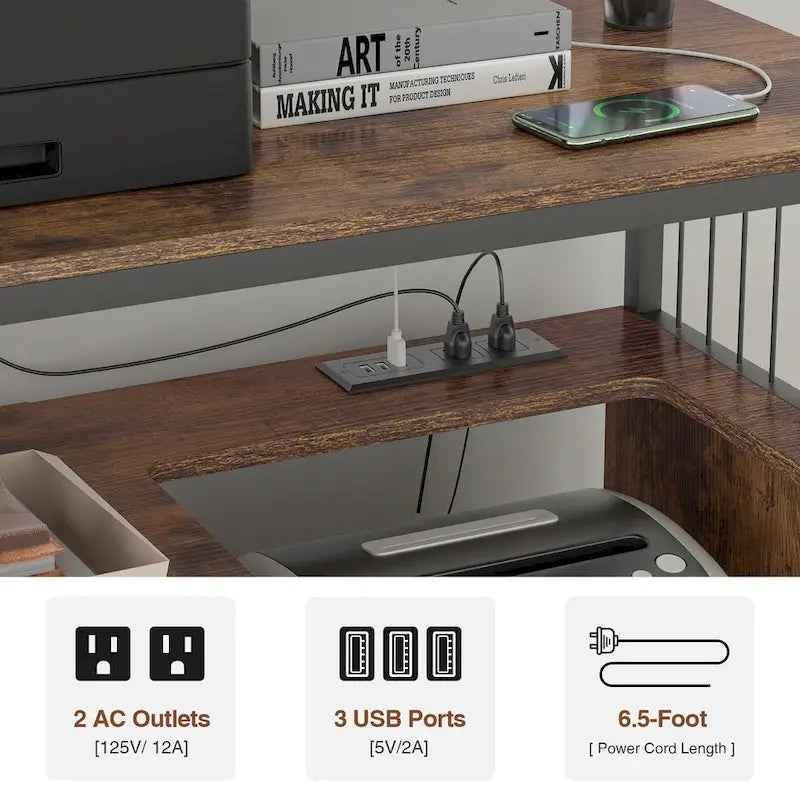 Printer Stand with Storage Shelf and Filing Cabinet with Power Outlet and USB Ports