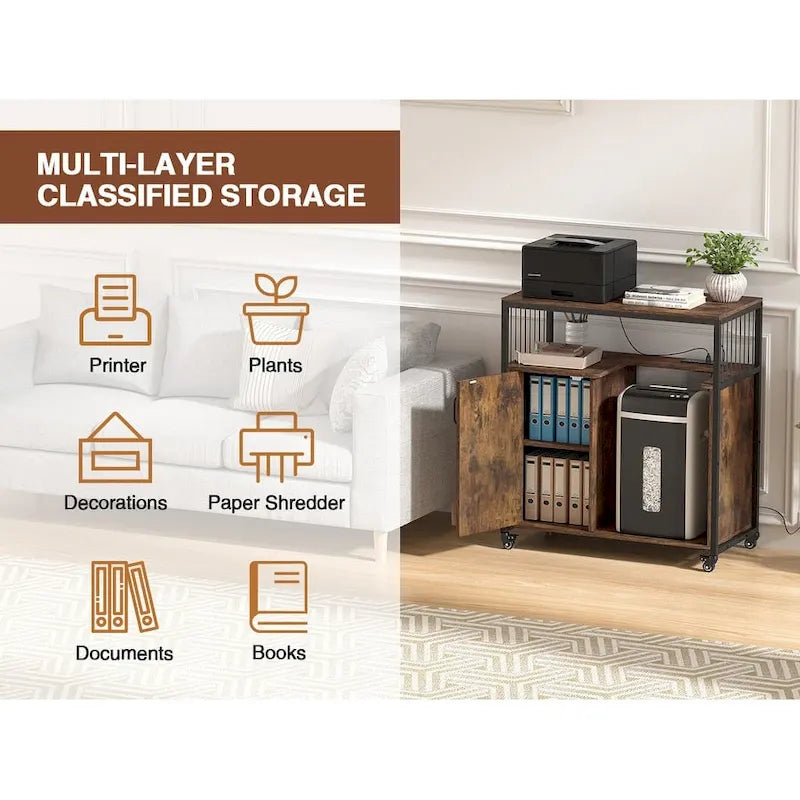 Printer Stand with Storage Shelf and Filing Cabinet with Power Outlet and USB Ports