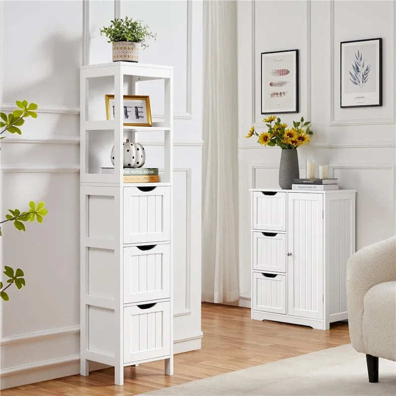 Modern Bathroom Storage Cabinet With 3 Drawers and 2 Open Shelves White