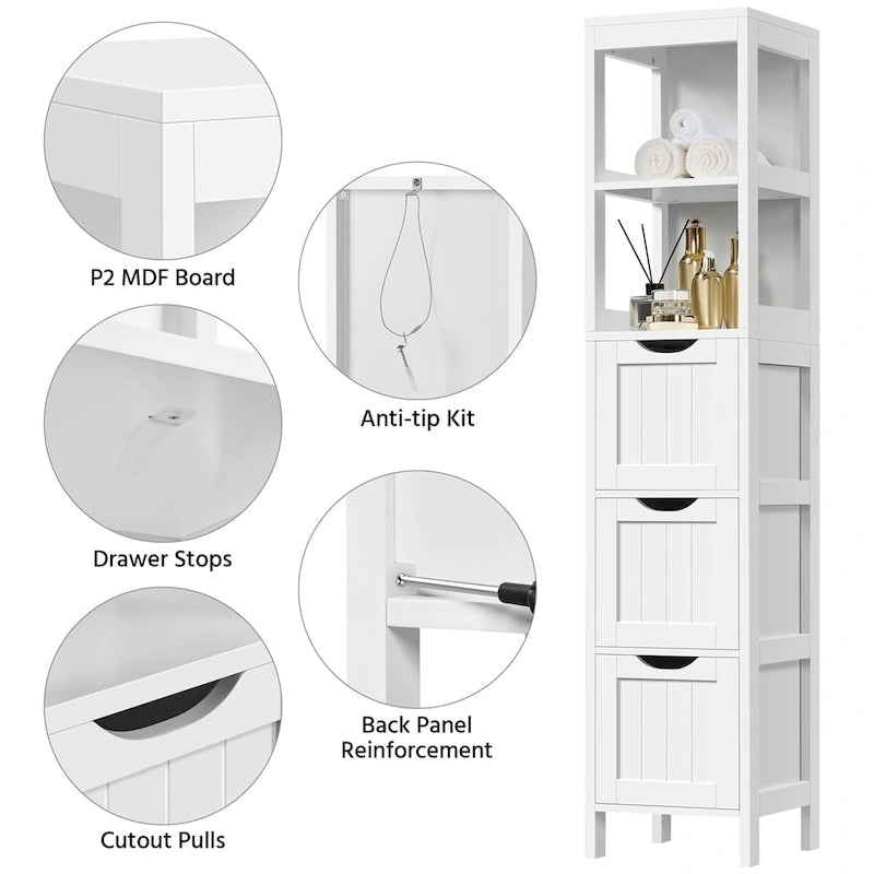 Modern Bathroom Storage Cabinet With 3 Drawers and 2 Open Shelves White