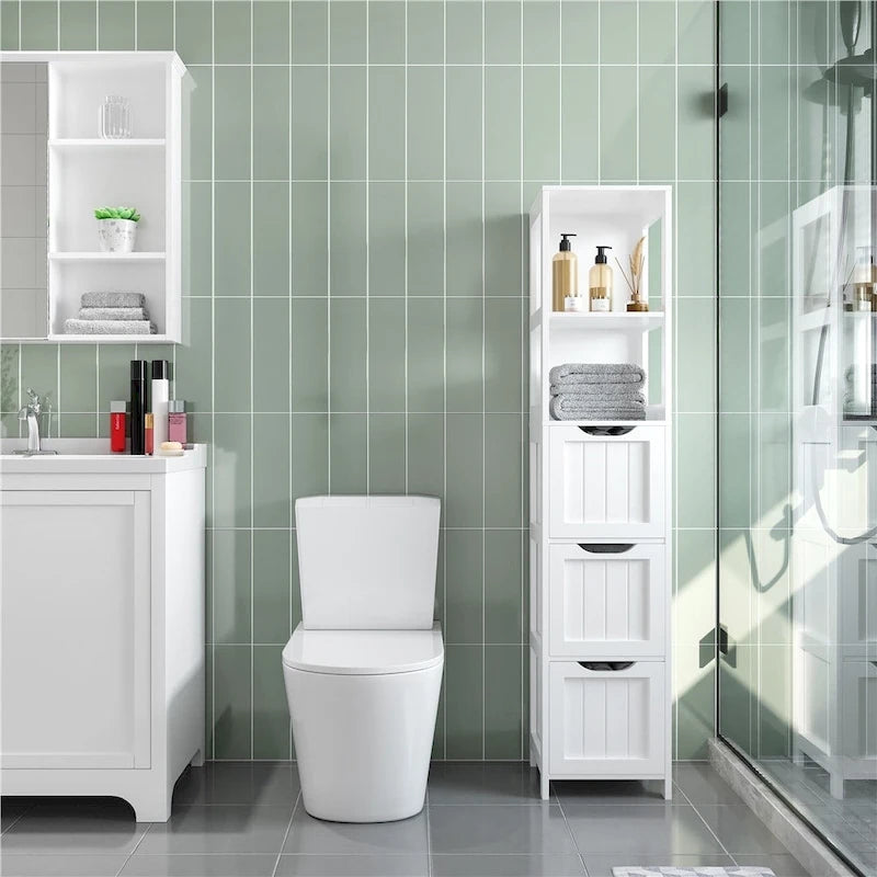 Modern Bathroom Storage Cabinet With 3 Drawers and 2 Open Shelves White