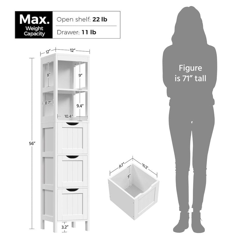 Modern Bathroom Storage Cabinet With 3 Drawers and 2 Open Shelves White