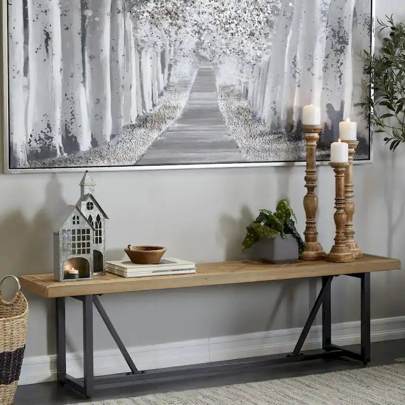 Industrial Wood Bench with Black Metal Base Brown Entryway Seat
