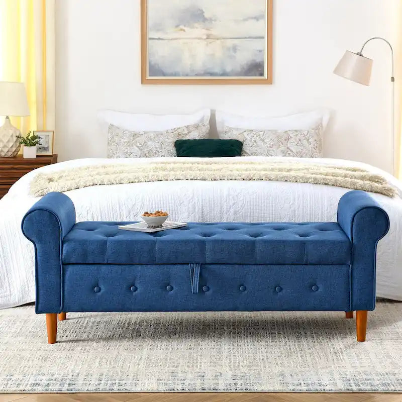 62-Inch Tufted Button Storage Bench Upholstered Ottoman with Rolled Arm