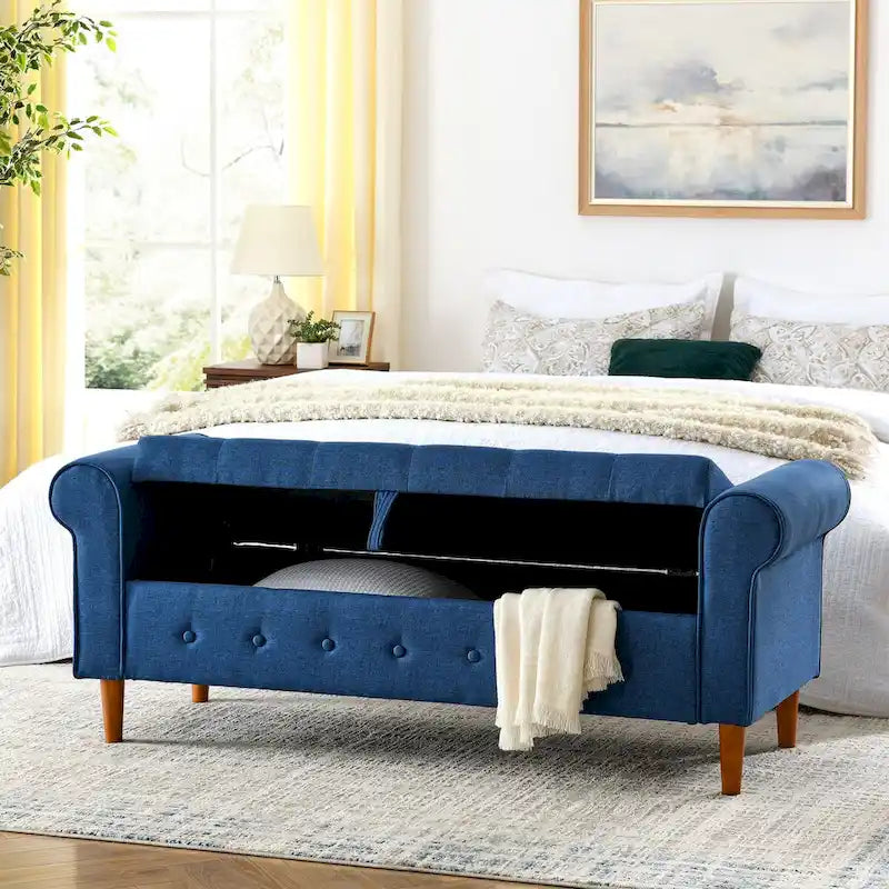62-Inch Tufted Button Storage Bench Upholstered Ottoman with Rolled Arm