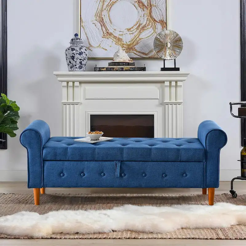 62-Inch Tufted Button Storage Bench Upholstered Ottoman with Rolled Arm