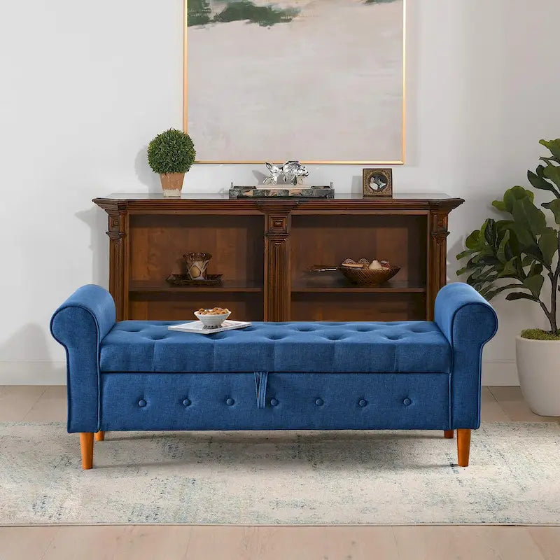 62-Inch Tufted Button Storage Bench Upholstered Ottoman with Rolled Arm