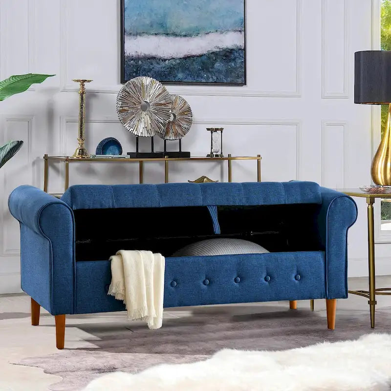 62-Inch Tufted Button Storage Bench Upholstered Ottoman with Rolled Arm