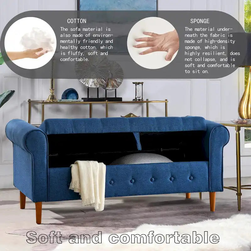 62-Inch Tufted Button Storage Bench Upholstered Ottoman with Rolled Arm