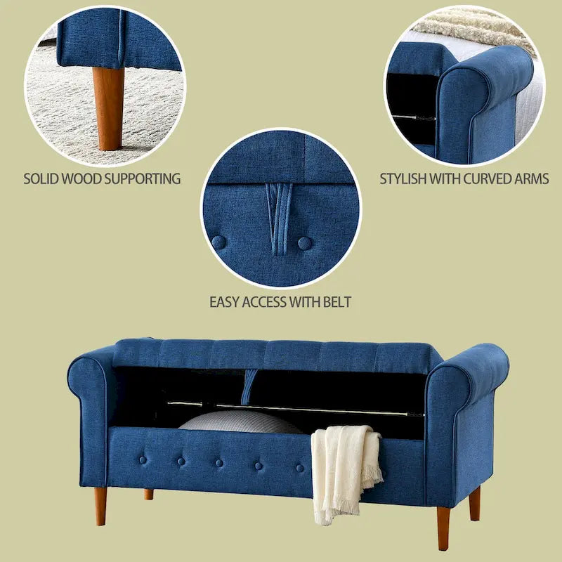 62-Inch Tufted Button Storage Bench Upholstered Ottoman with Rolled Arm