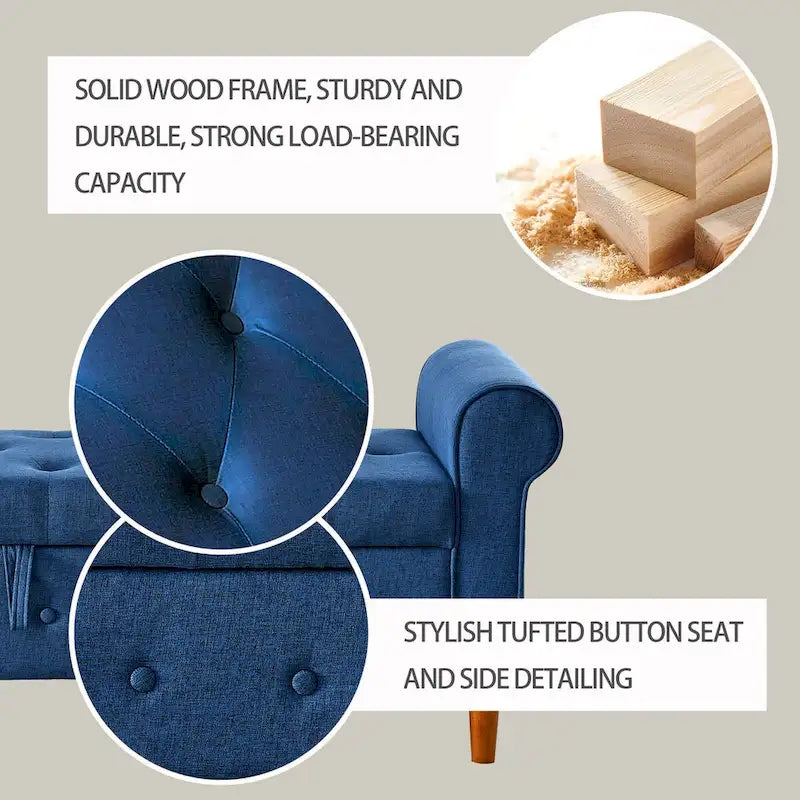 62-Inch Tufted Button Storage Bench Upholstered Ottoman with Rolled Arm