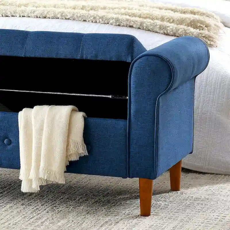 62-Inch Tufted Button Storage Bench Upholstered Ottoman with Rolled Arm