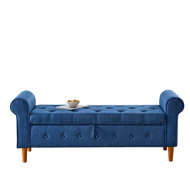 62-Inch Tufted Button Storage Bench Upholstered Ottoman with Rolled Arm