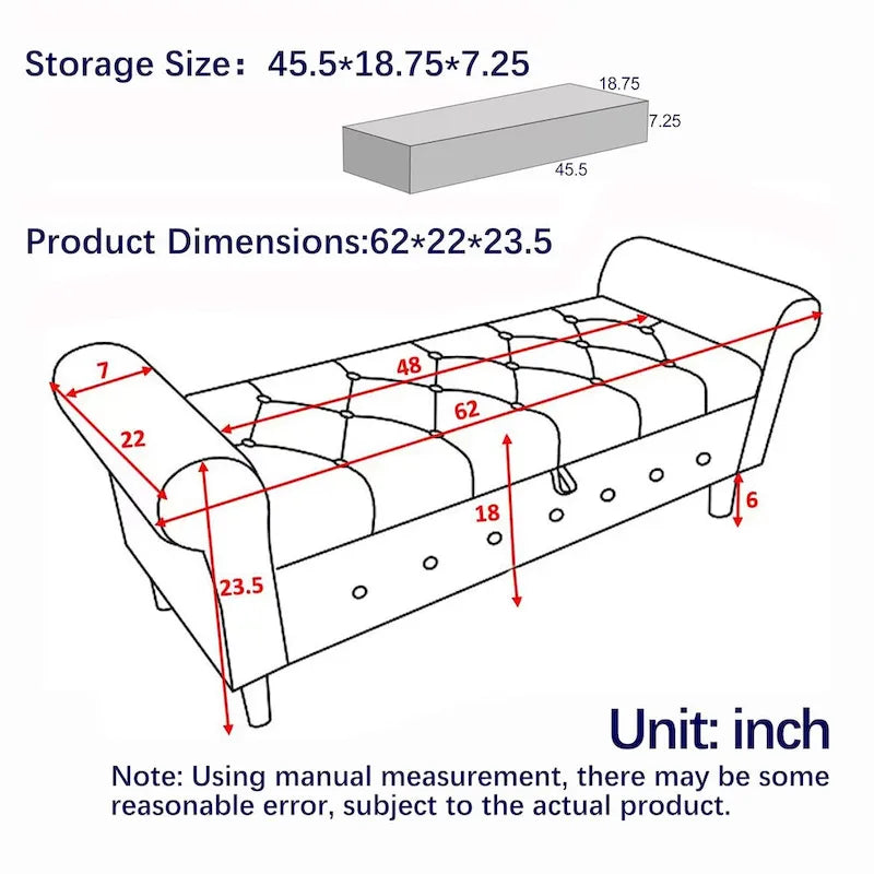 62-Inch Tufted Button Storage Bench Upholstered Ottoman with Rolled Arm