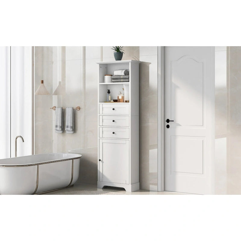 Tall Storage Cabinet with 3 Drawers and Adjustable Shelves