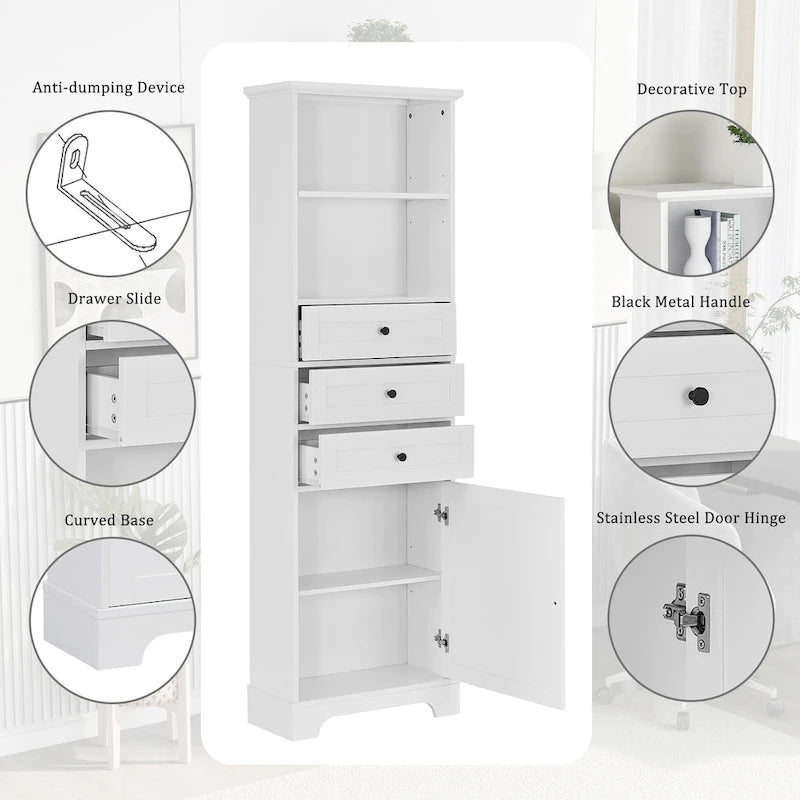 Tall Storage Cabinet with 3 Drawers and Adjustable Shelves