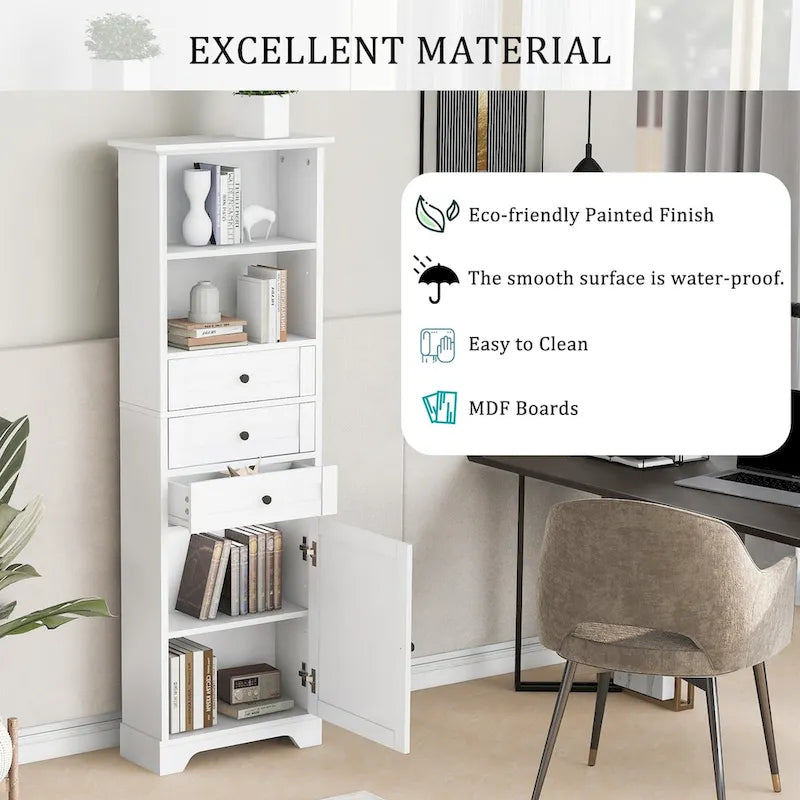 Tall Storage Cabinet with 3 Drawers and Adjustable Shelves